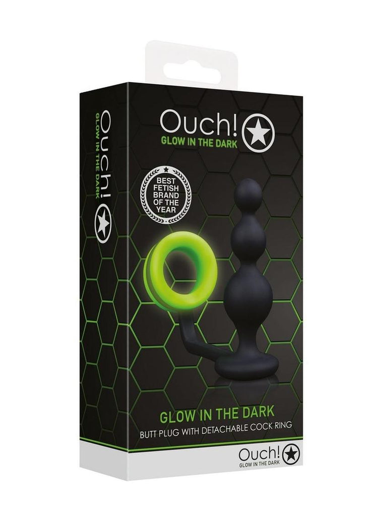 Ouch! Beads Butt Plug with Cock Ring Silicone - Glow In The Dark/Green