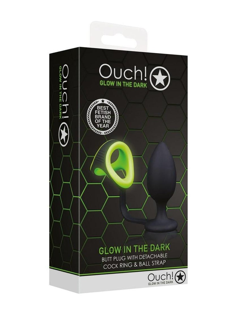 Ouch! Butt Plug with Cock Ring and Ball Strap Silicone - Glow In The Dark/Green