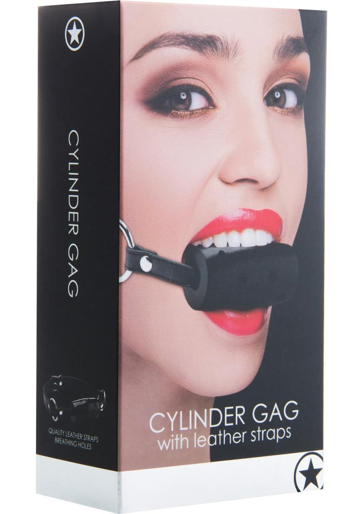 Ouch! Cylinder Gag with Leather Straps - Black/Metal