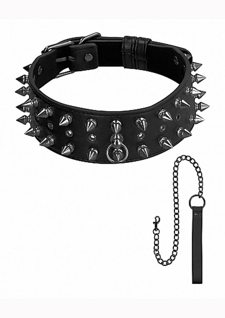 Ouch! Skulls and Bones Biker Spike Collar with Leash - Black/Metal