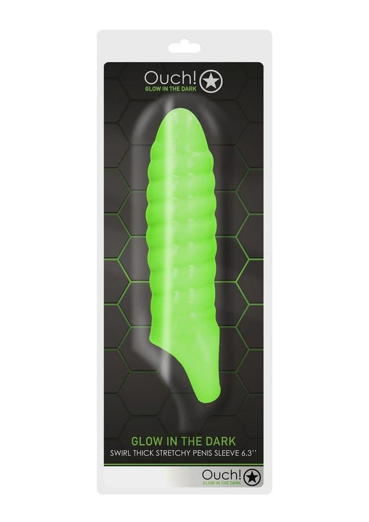 Ouch! Swirl Thick Stretchy Penis Sleeve - Glow In The Dark/Green