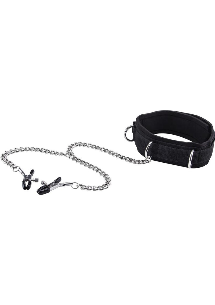Ouch! Velcro Collar with Nipple Clamps - Black/Metal