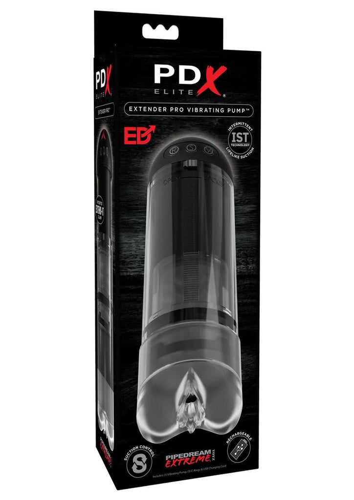 Pipedream Extreme Elite Rechargeable Extender Pro Vibrating Pump Masturbator - Pussy - Black/Clear