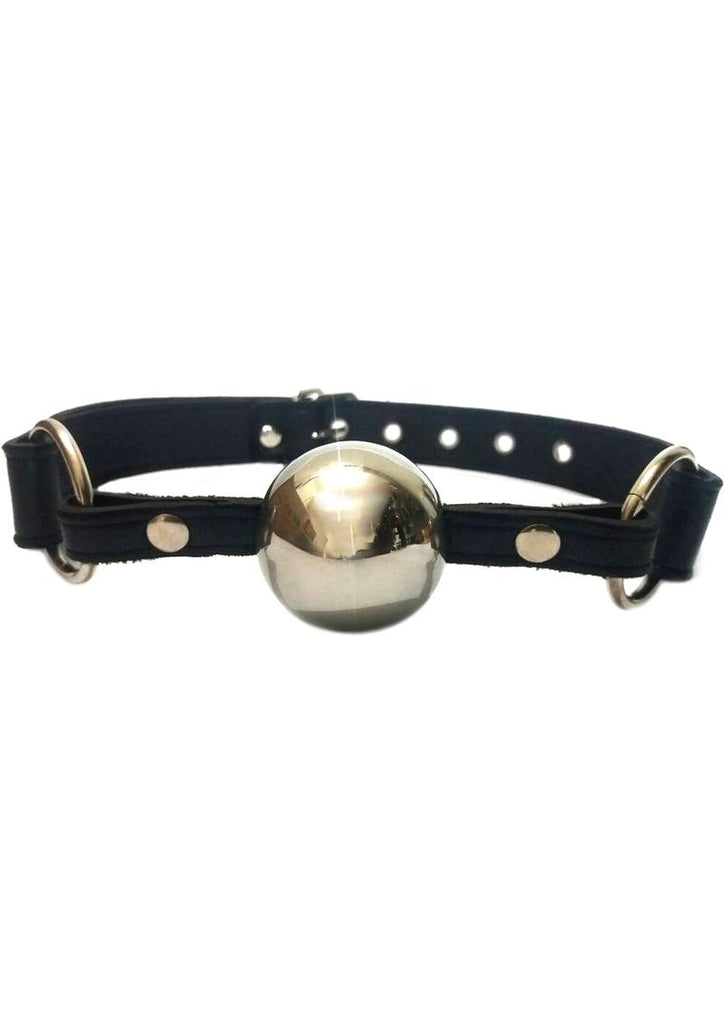 Rouge Adjustable Leather Adjustable Ball Gag with Stainless Steel Ball - Black/Metal/Silver