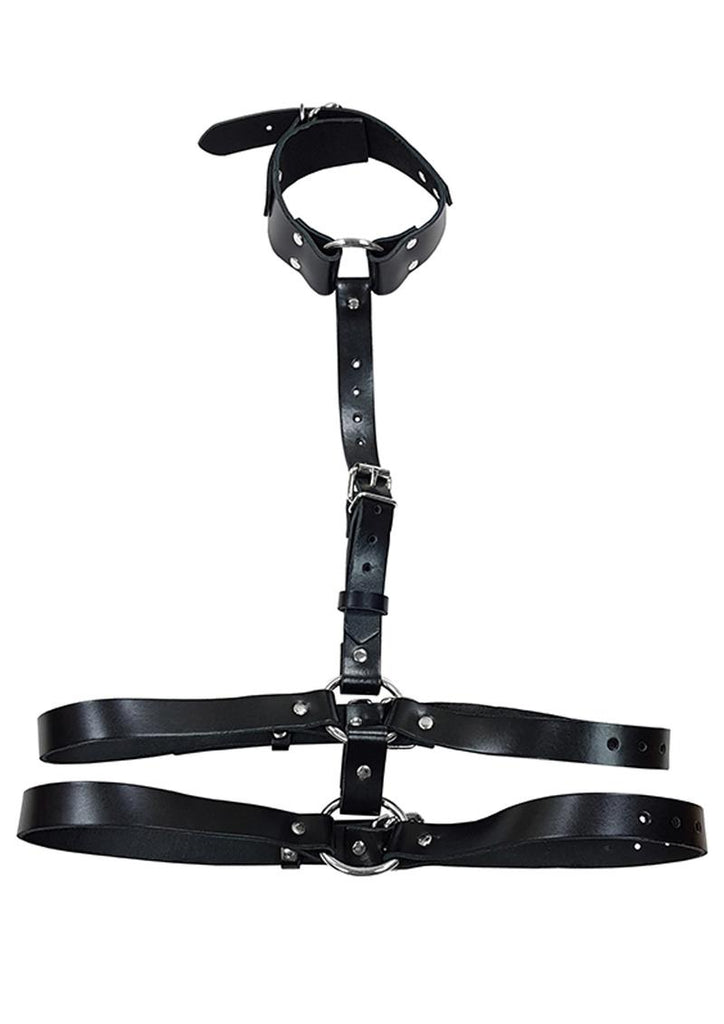 Rouge Female Leather Adjustable Body Harness with Choker - Black/Metal