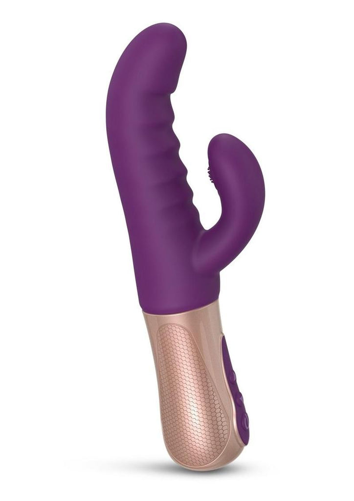 Sassy Bunny Dual Motor Rechargeable Silicone Thrusting Rabbit Vibrator - Purple/Purple Rain