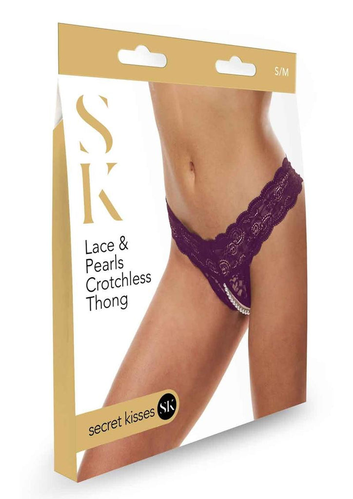 Secret Kisses Lace and Pearl Crotchless Thong - Purple - Medium/Small