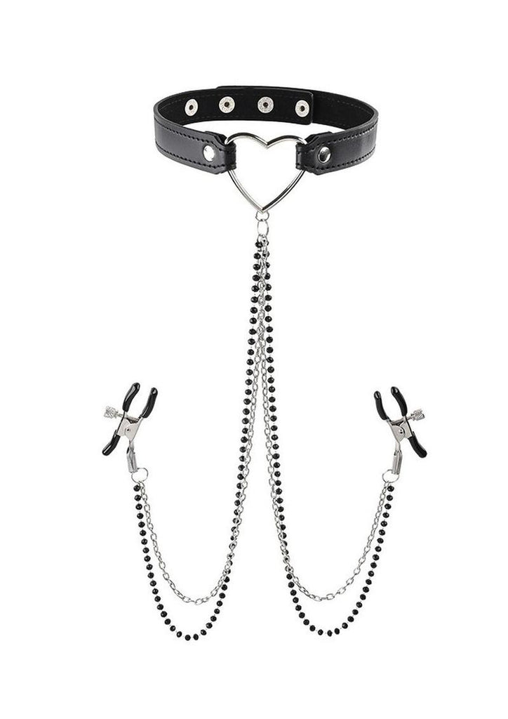 Sex and Mischief Amor Collar with Nipple Clamps - Black/Silver