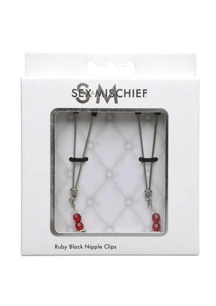 Sex and Mischief Ruby Black Adjustable Nipple Clips with Beads - Black/Red
