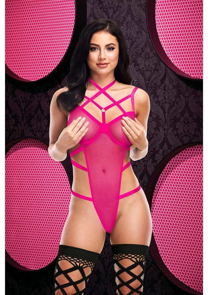 Sexy Strappy Caged Teddy - Pink - One Size