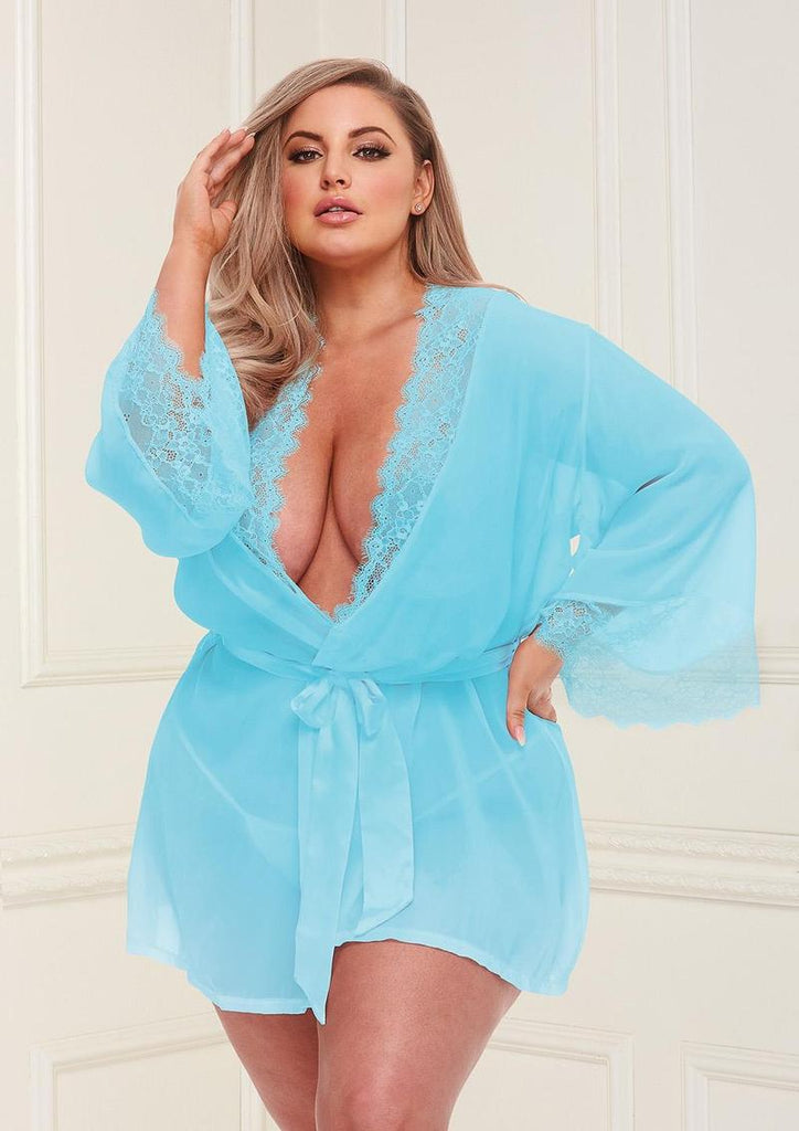 Sheer Chiffon and Lace Robe - Blue - Queen