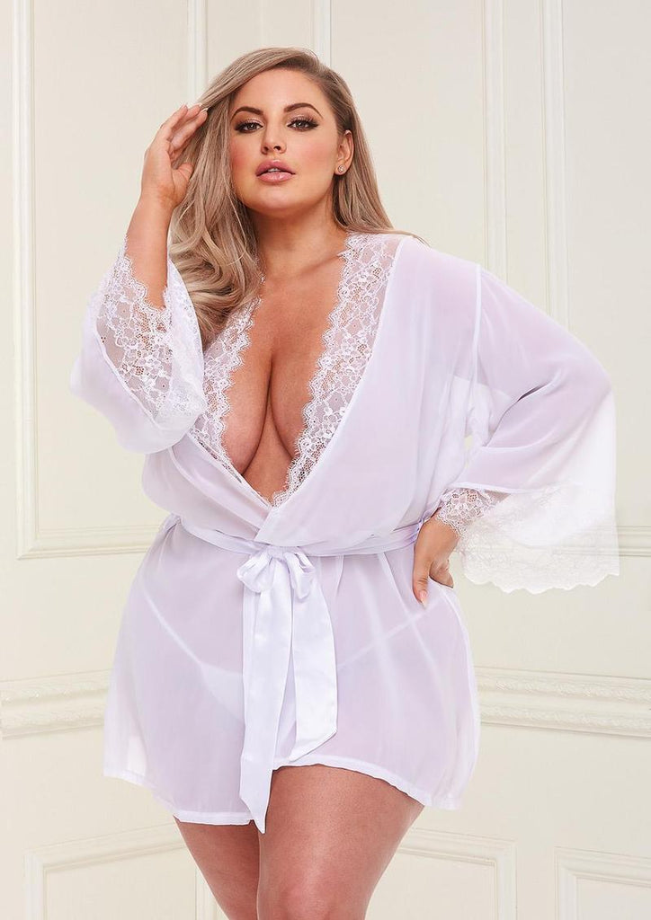 Sheer Chiffon and Lace Robe - White - Queen