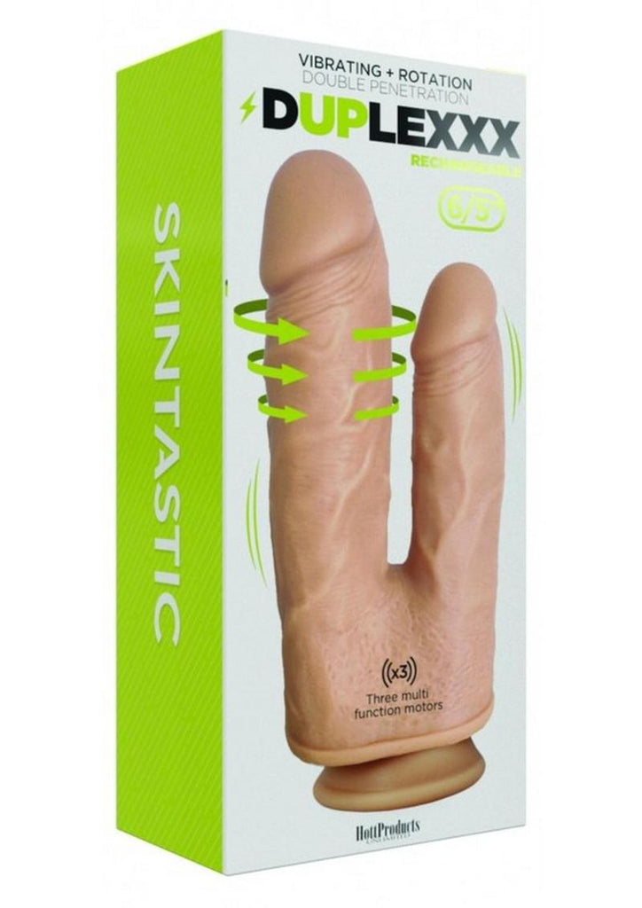 Skintastic Vibrating and Rotation Double Penetration Duplexxx Dildo Silicone Waterproof - Vanilla - 5in/6in