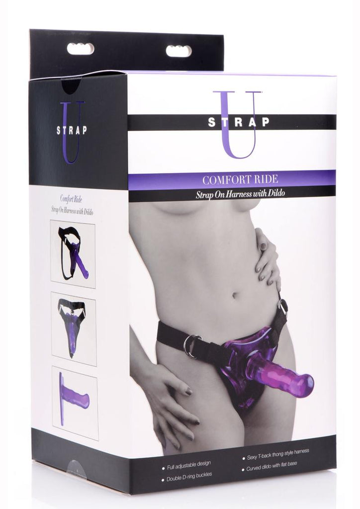 Strap U Comfort Ride Strap-On Harness with Purple 7in Dildo - Black/Purple
