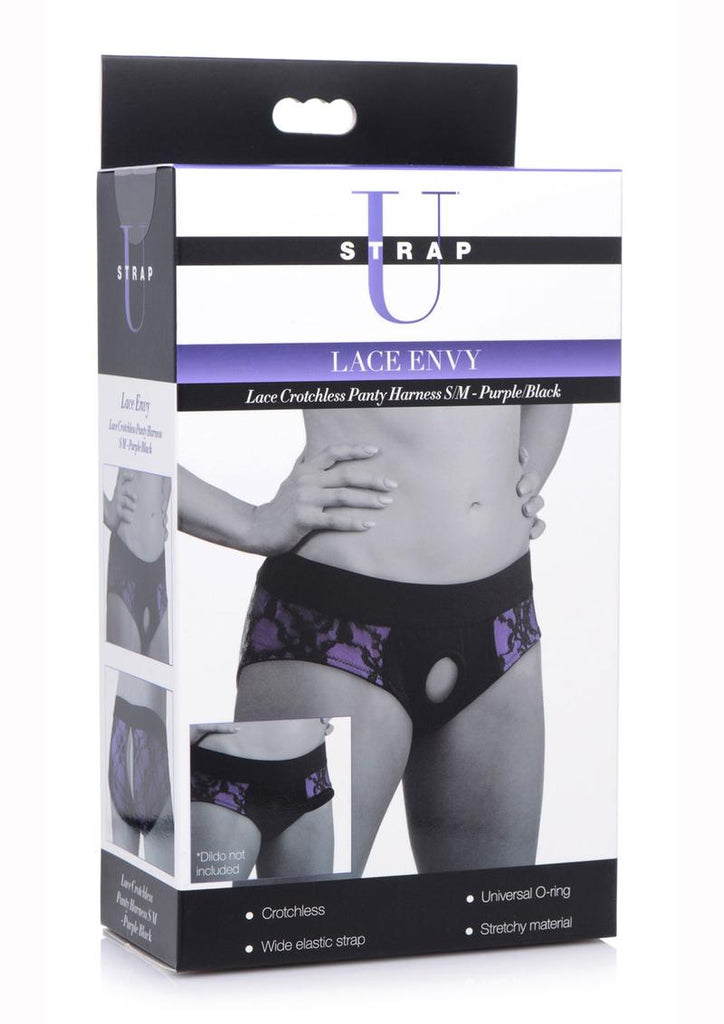 Strap U Lace Envy Lace Crotchless Panty Harness - Black/Purple - Medium/Small