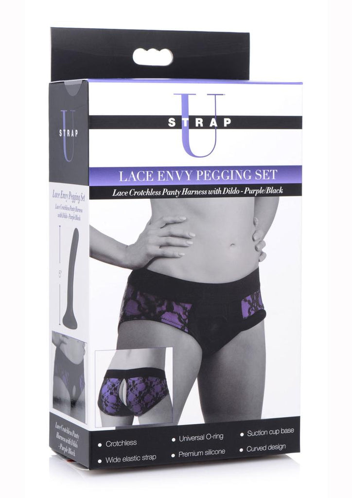 Strap U Lace Envy Pegging Set with Lace Crotchless Panty Harness and Dildo - Black/Purple - Large/XLarge - 5in