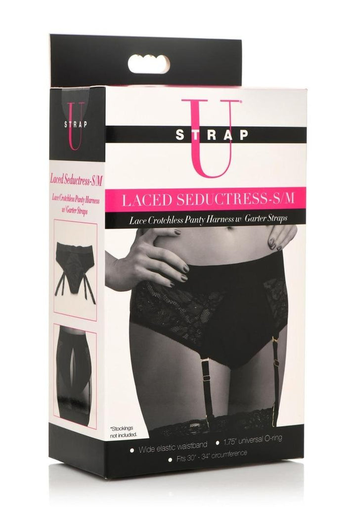Strap U Laced Seductress Lace Crotchless Panty Harness with Garter Straps - Black - Medium/Small