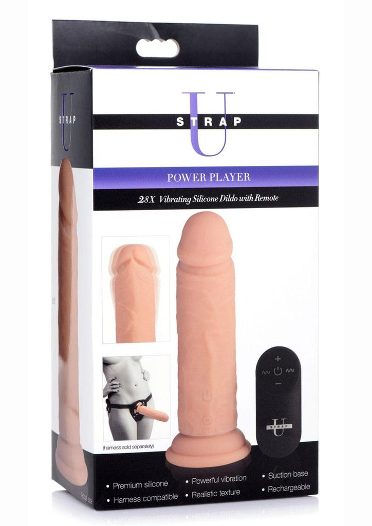 Strap U Power Player 28x Vibrating Rechargeable Silicone Dildo with Remote Control - Vanilla