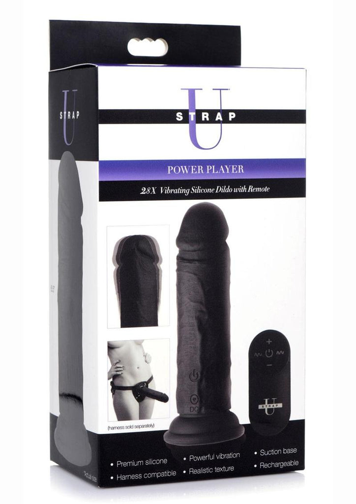 Strap U Power Player 28x Vibrating Silicone Rechargeable Dildo 6.5in with Remote Control - Black
