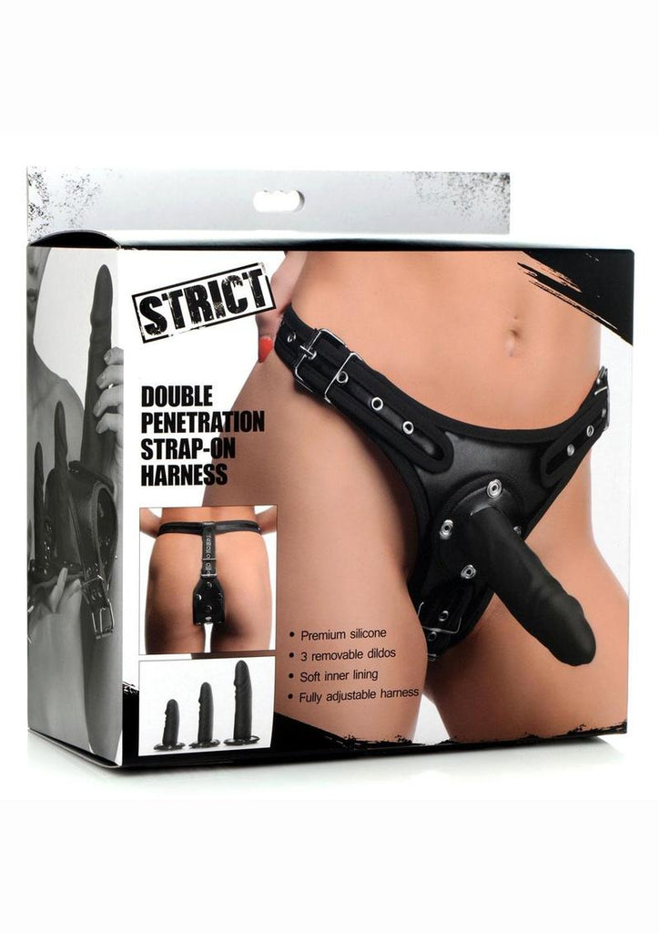 Strict Double Penetration Strap-On Harness with Silicone Dildos - Black - 3 Pack