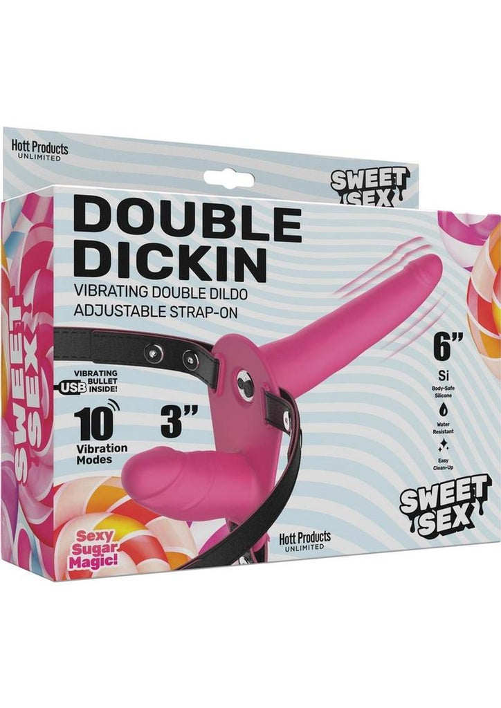 Sweet Sex Double Dickin Vibrating Silicone Double Dildo Strap-On - Black/Pink