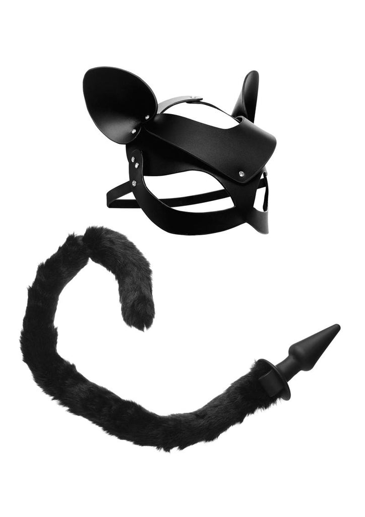 Tailz Black Cat Tail Anal Plug and Mask - Black - Set