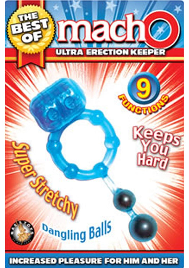 The Best Of Macho Ultra Erection Keeper Vibrating Cock Ring with Dangling Balls - Blue