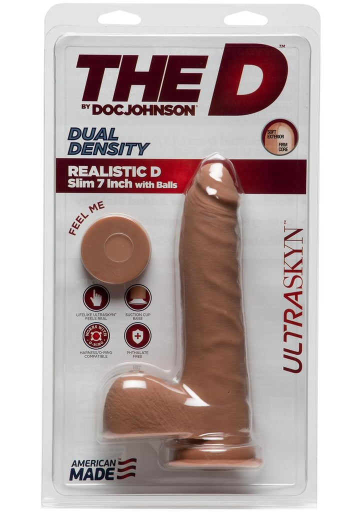 The D Realistic D Ultraskyn Slim Dildo with Balls - Brown/Caramel - 7in