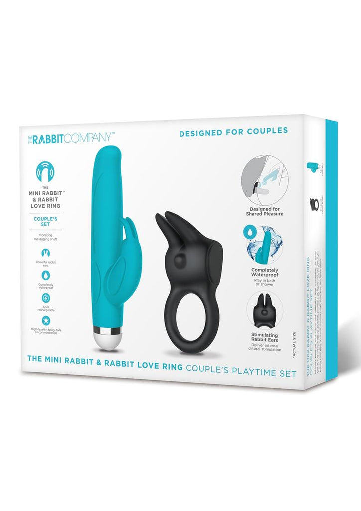 The Mini Rabbit and Rabbit Love Ring Silicone Rechargeable Couple's Playtime - Black/Blue - Set