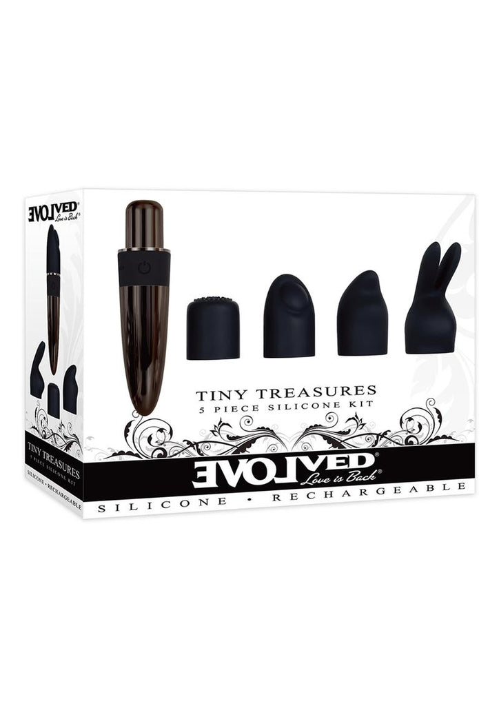 Tiny Treasures Silicone Rechargeable Vibrator with Multiple Attachments - Black