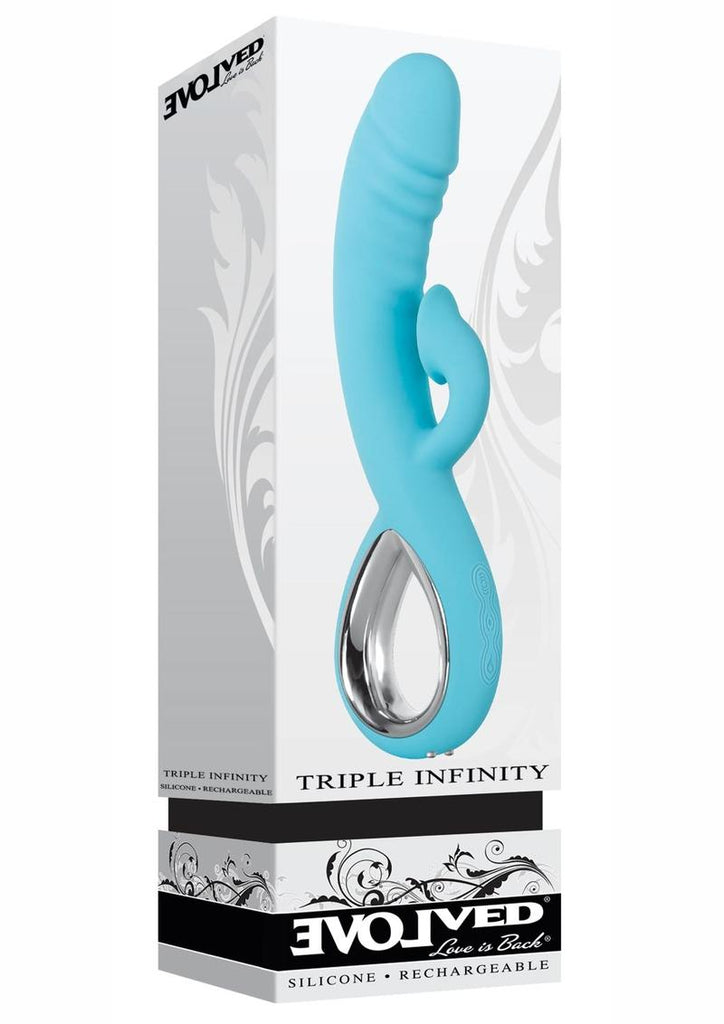 Triple Infinity Rechargeable Silicone Heated Dual Vibrator with Clitoral Suction Stimulator - Aqua/Teal