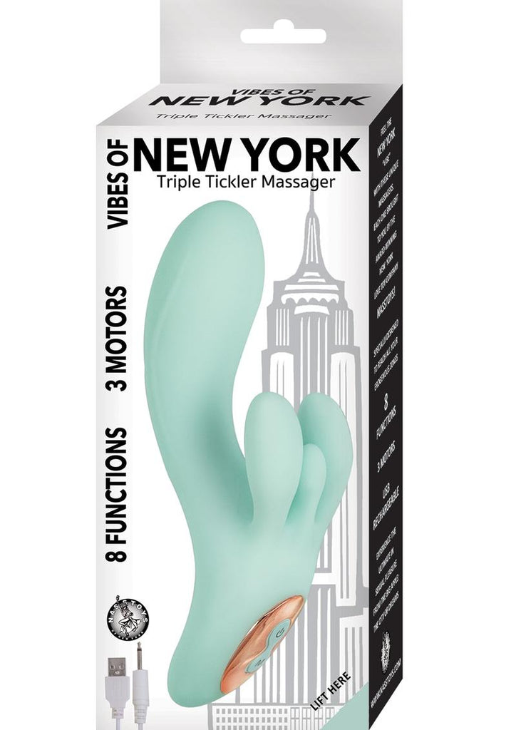 Vibes Of New York Triple Tickler Massager Rechargeable Silicone Vibrator - Aqua/Blue