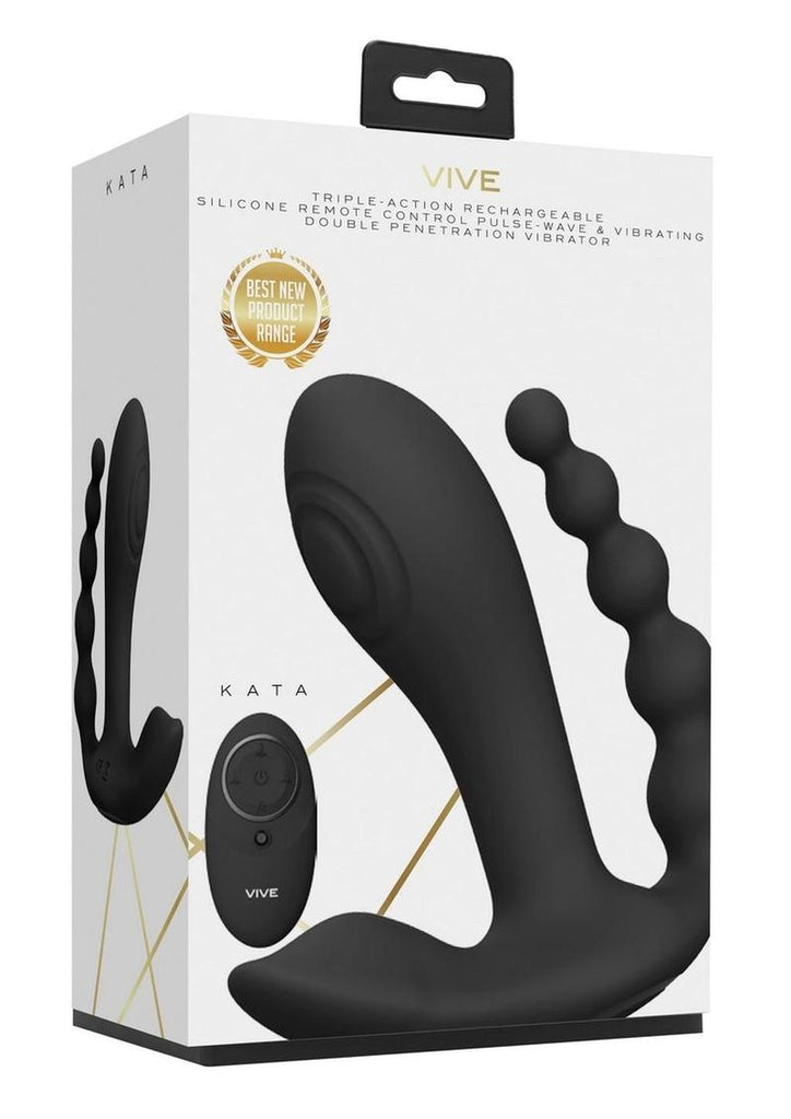 Vive Kata Rechargeable Silicone Pulse Wave and Vibrating Double Penetration Vibrator - Black