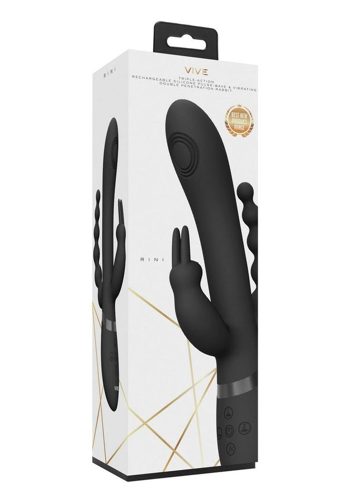Vive Rini Rechargeable Silicone Pulse Wave and Vibrating Double Penetration Rabbit - Black