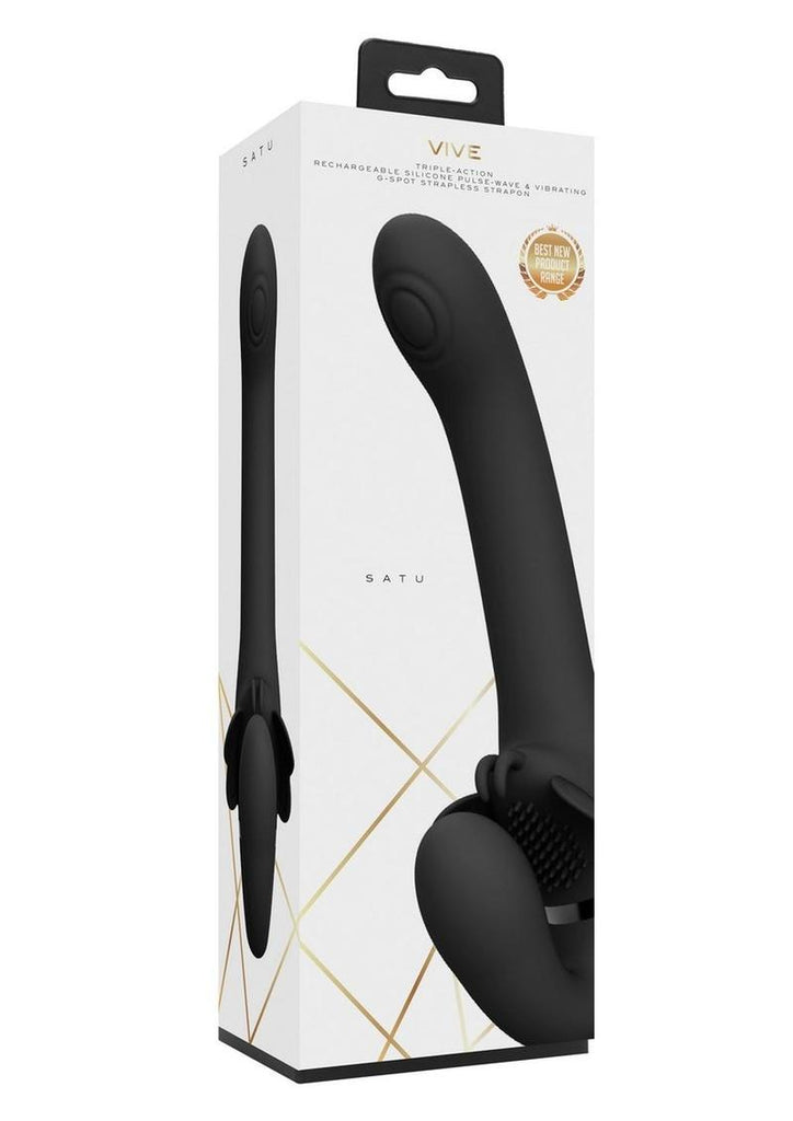 Vive Satu Rechargeable Silicone Pulse Wave and Vibrating Strapless Strap-On - Black