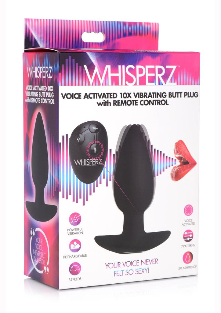 Whisperz Voice Activated 10x Vibrating Rechargeable Silicone Butt Plug with Remote Control - Black