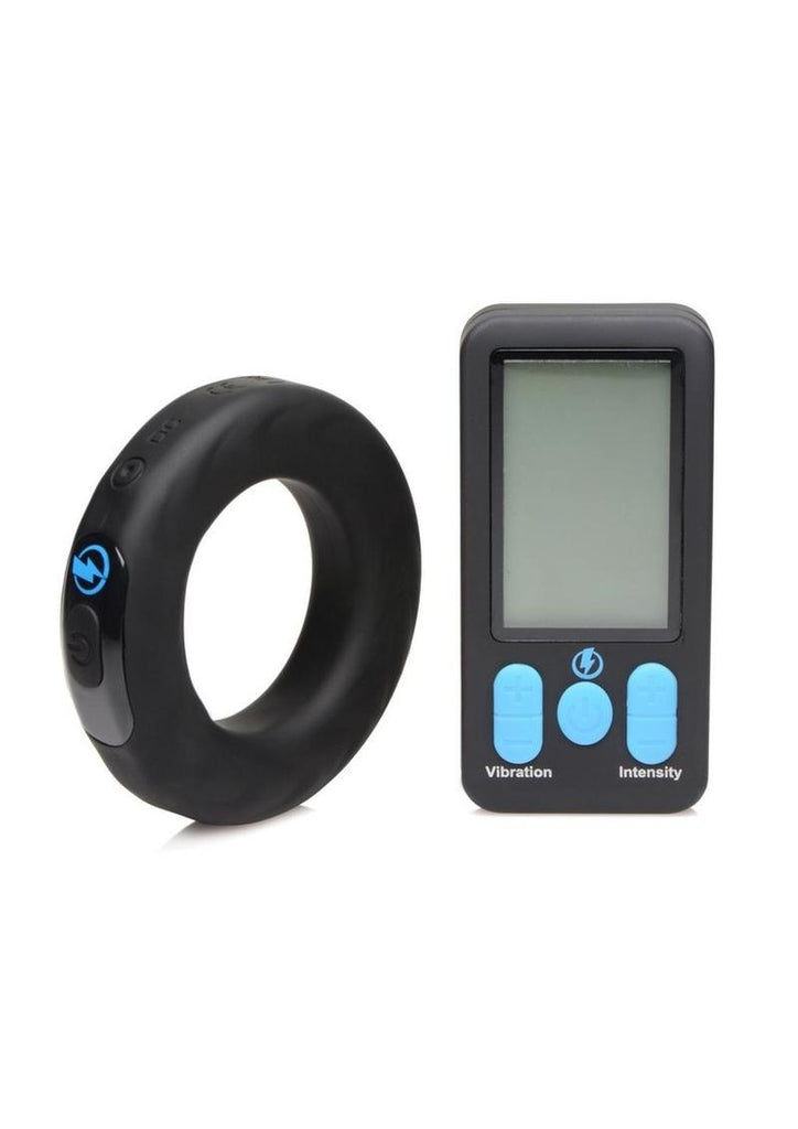 Zeus Vibrating and E-Stim Rechargeable Silicone Cock Ring with Remote Control - Black - 45mm